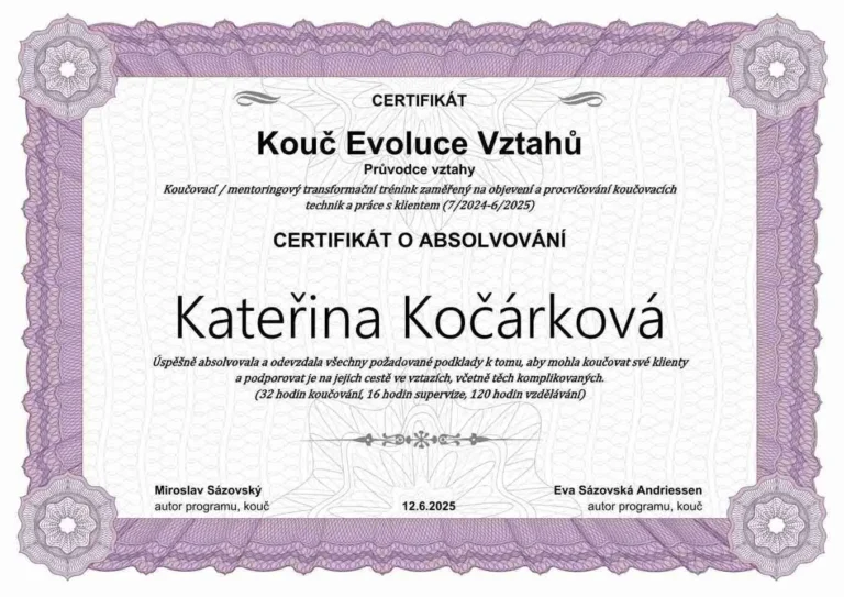 Certifikát - kouč evoluce vztahu